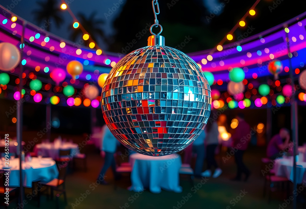 Fototapeta premium disco ball hanging at colorful outdoor party
