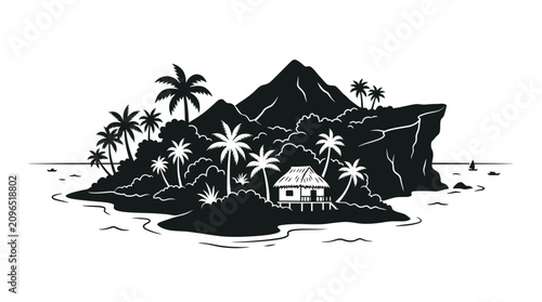 Tableau sur toile Tropical island silhouette with palm trees and thatched roof hut black on white