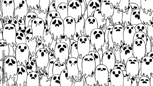 Seamless looping 2D cartoon animation pattern with hand-drawn crowd of ghosts floating in the air with various expressions. Perfect for festive promotions, event invitations, or as dynamic background.