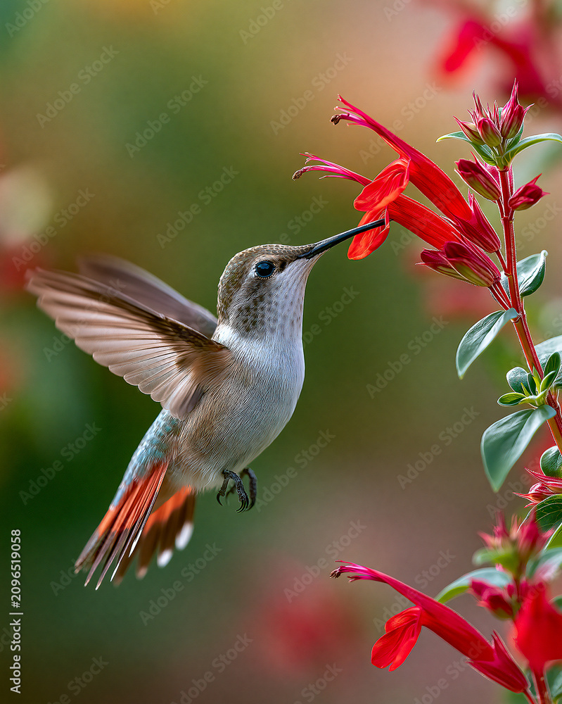 Obraz premium Vibrant Hummingbird in Monochrome Close-up: Colorful Bird Pollinating Red Flowers in Summer Garden Macro Photography