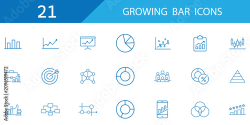 21 Growing bar graph icon set. business and finance outline icon set. thin line growing bar graph, statistics presentation, points connected chart. Editable vector. eps 10