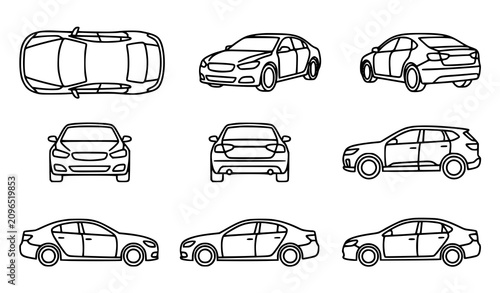 Minimalist Car Outline Vector Collection with Front Side Top and Perspective Automobile Views