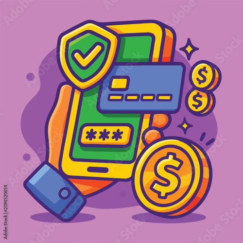 Secure Mobile Payment with Credit Card and Shield Cartoon Vector