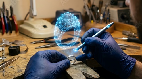 Artisanal jewelry crafting with holographic design interface and precision handwork