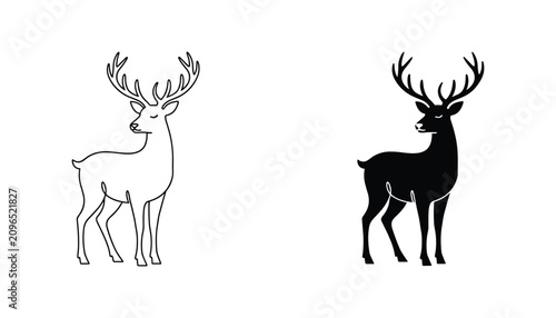 Foto Deer vector icon isolated on white Black and white outline line art and solid gl