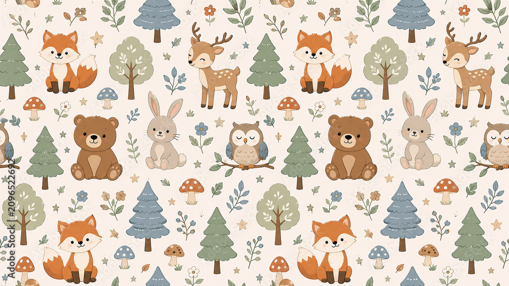 Fototapeta premium Seamless Cute Woodland Animals Pattern with Fox Deer Bear Rabbit and Owl