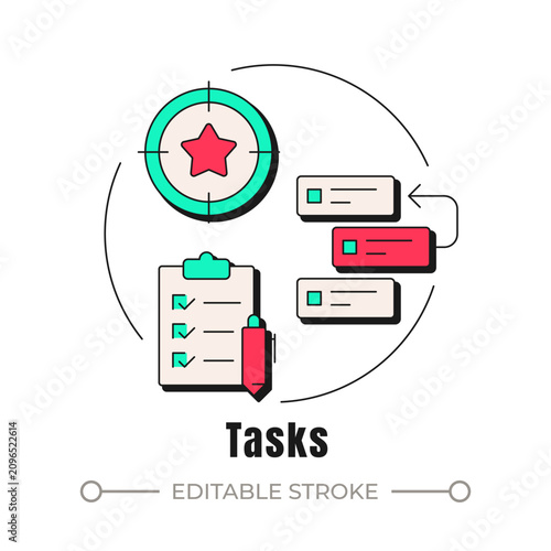 Tasks neubrutalism concept icon. Optimized daily workflow alignment. Business prioritization framework. Goal tracking system. Trendy neo-memphis vector illustration. Circular contemporary flat design