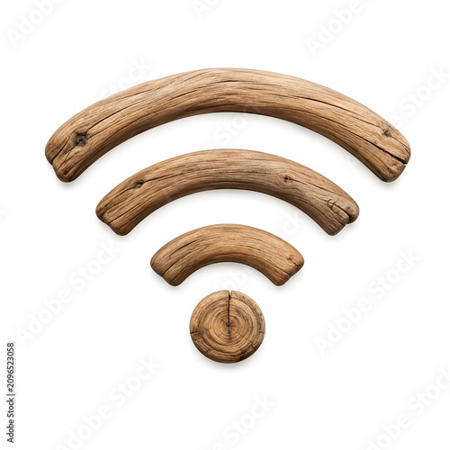 Wifi signal icon made of natural wood logs. Wireless technology network concept. Organic design and eco friendly connection symbol for sustainable digital communication infrastructure.