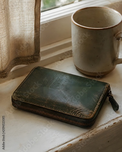 Vintage green leather wallet resting on a windowsill next to a ceramic coffee mug. Lifestyle object representing organization and personal accessories in a rustic home interior setting.