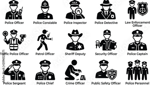 Foto Set of police and law enforcement officer icons, including police officer, detec