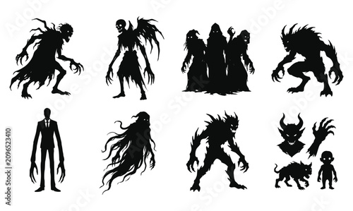 Obraz na plátně Creepy Halloween ghost and monster silhouettes set scary creature elements vecto