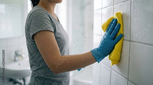 Bathroom tile cleaning with protective gloves maintaining hygiene and sparkling surfaces in a modern home