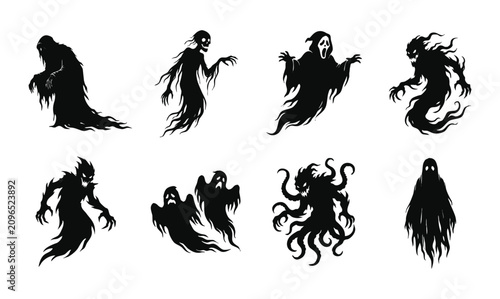 Fotografie Creepy Halloween ghost and monster silhouettes set scary creature elements vecto