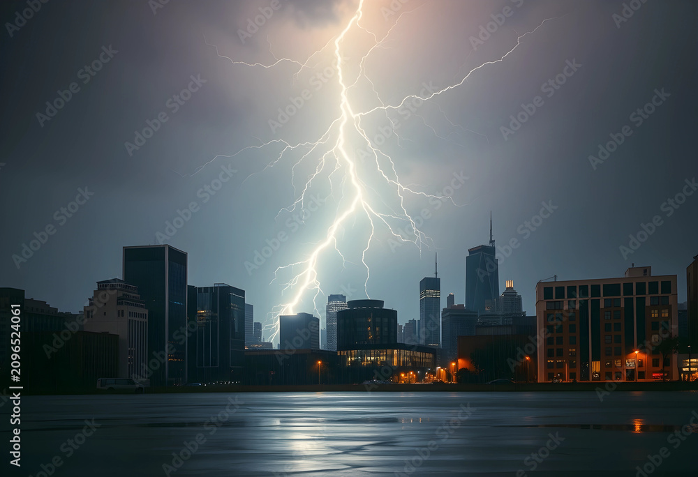 Obraz premium Lightning striking over city skyline during rainstorm