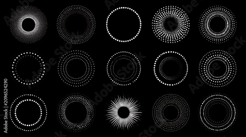 A collection of dotted and circular abstract design elements on black. Use these graphic symbols for modern digital.