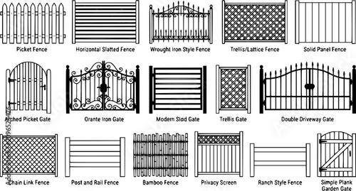 Minimal black outline garden fence and gate collection, wooden, metal and decorative fencing styles isolated on white background, landscape and property boundary vector set