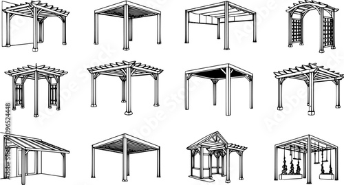 Black line pergola structure vector set, outdoor garden shade frames and patio architectural designs isolated on white background, backyard landscape illustration