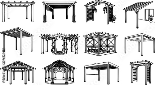 Black line pergola structure vector set, outdoor garden shade frames and patio architectural designs isolated on white background, backyard landscape illustration