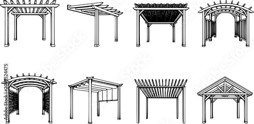 Black line pergola structure vector set, outdoor garden shade frames and patio architectural designs isolated on white background, backyard landscape illustration