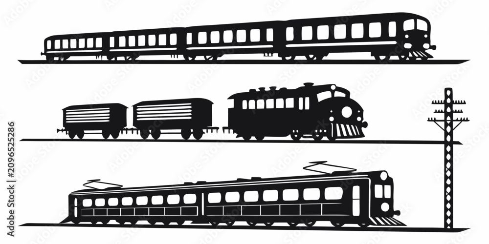 Fotografie Black and white train set silhouettes on white background