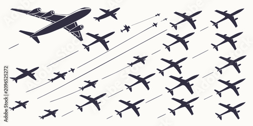 Foto Black airplane silhouettes, set of 100, white background