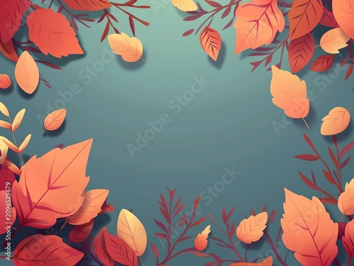 Vibrant Autumn Foliage Frame on Teal Background with Central Copy Space - Modern Minimalist Vector Illustration

