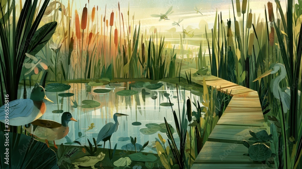 Obraz premium Digital painting banner of a lush wetland landscape highlighting biodiversity and conservation