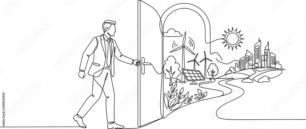Obraz premium A businessman opening a door to a sustainable green city future continuous line art.