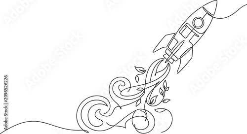 Continuous one line drawing of rocket ship launching with eco friendly floral exhaust.