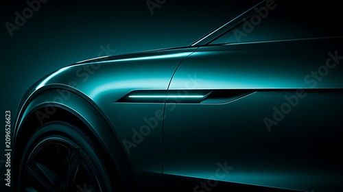 A close-up of a sleek, modern car body with glowing side trim and dramatic teal lighting. Represents future electric.