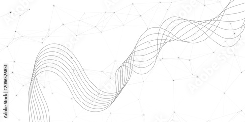 Abstract black plexus and wave flow on white background. Social network communication in the global computer networks. Minimalist science and technology concept with low poly design.