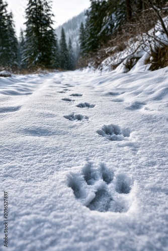 Early morning wilderness: mountain lion track trail in Montana snow