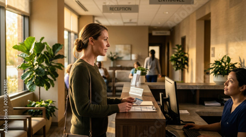 Patient Checks In At A Busy Healthcare Reception With Warm Lighting