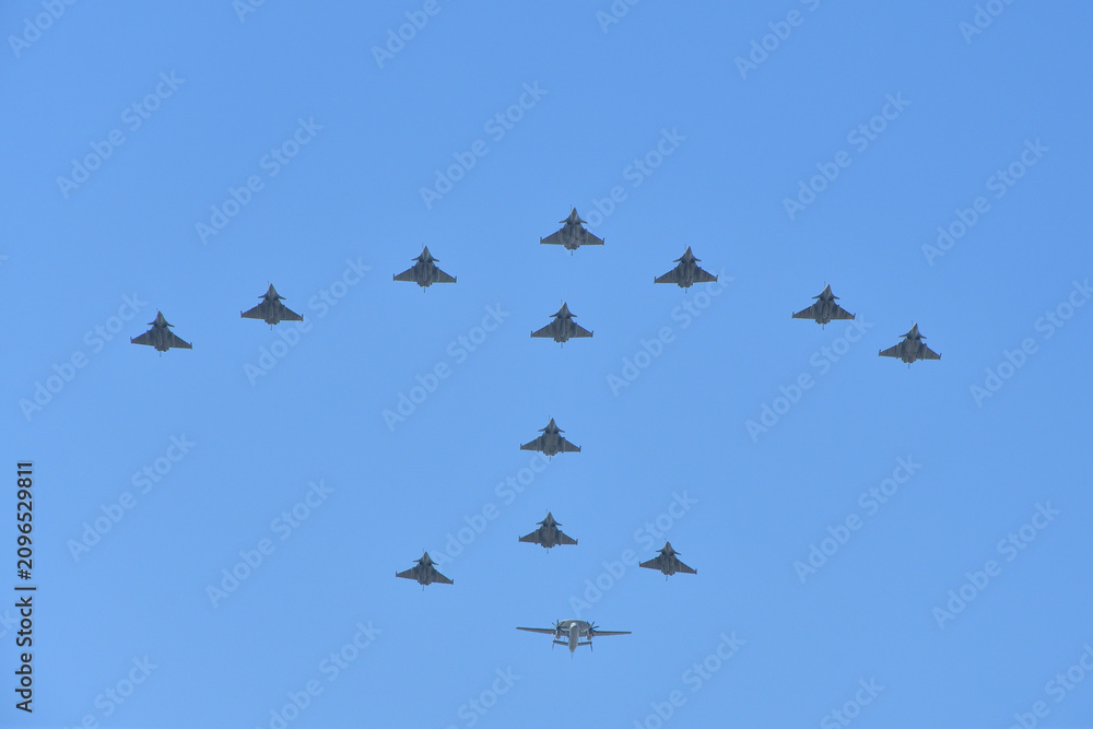 Obraz premium French Air Force aircraft formation during Bastille Day rehearsal in Paris, France, July 9, 2026