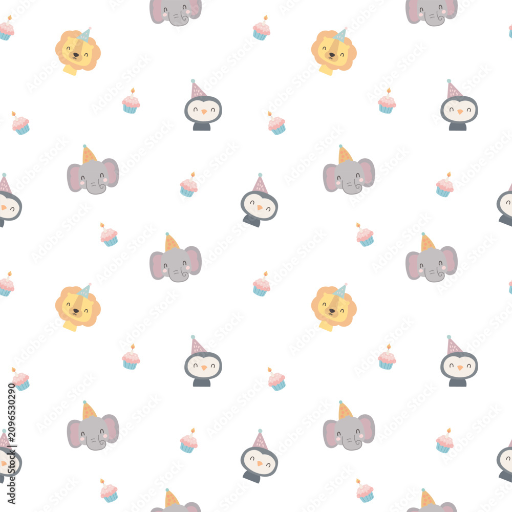 Obraz premium Holiday birthday animal seamless pattern set featuring lion elephant penguin cupcake candle party hat frosting wrapper flame celebration event festivity