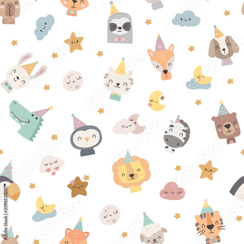 Holiday birthday animal seamless pattern set featuring rabbit crocodile penguin cat fox zebra bear lion sloth dog tiger sheep cloud