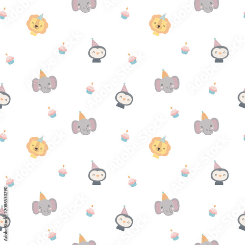 Holiday birthday animal seamless pattern set featuring lion elephant penguin cupcake candle party hat frosting wrapper flame celebration event festivity