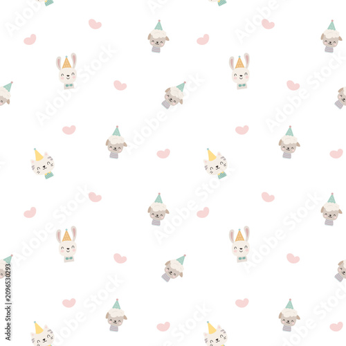 Holiday birthday animal seamless pattern set featuring rabbit sheep cat heart party hat celebration event festivity cheer happiness love friendship