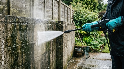 Professional pressure washing of a moss covered stone wall in a residential garden setting