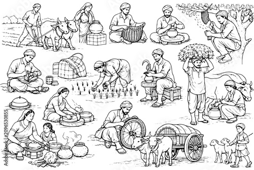 Indian Rural Culture Daily Life Scene Line Art Collection