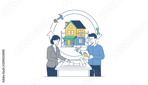 Professional architects review building blueprints and a house model illustration to plan a new construction and home renovation project.