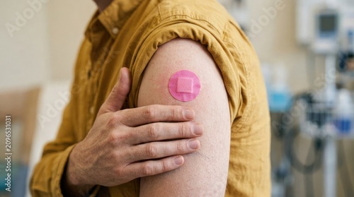 Recent vaccination person gently touching arm with bandage after immunization shot