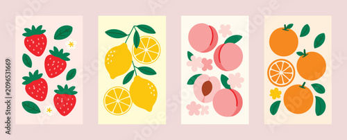 Schilderij op canvas Set of fruit posters with strawberry lemon peach and orange patterns strawberry