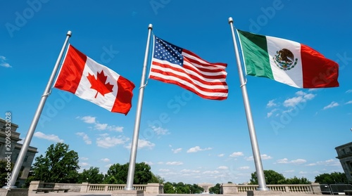 North american flags flying canada united states and mexico representing international cooperation and trade