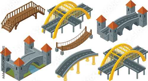 Canvas Print Isometric bridges vector set featuring modern highway overpasses stone medieval