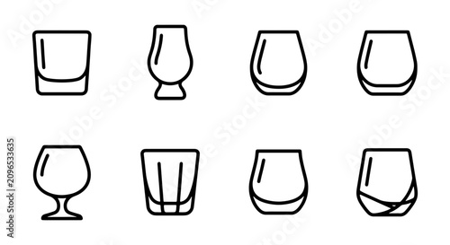 Quadro su tela Diverse Drinkware Icons: Whiskey Glasses, Tumblers, Brandy Snifters, 8 Vector El