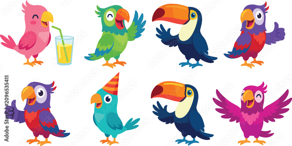 Obraz premium Cute cartoon tropical birds vector set featuring funny parrots and toucans celebrating with party hat juice drinking and waving isolated on white background