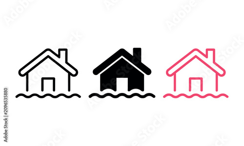 Flooded houses icon set with water level increase