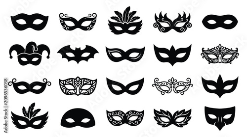 A set of black vector illustration masks featuring diverse ornate styles for festive carnival celebrations