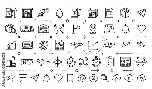 Tableau sur toile Logistics and supply chain icons set black and white outline design